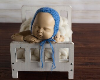 Cerulean blue linen and mohair baby girl bonnet accessory for newborn photo outfit. RTS spring or summer baby hat for newborn photography.