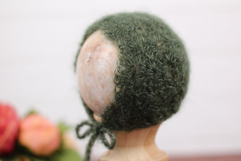 Forest green mohair newborn bonnet photo prop, boy or girl. Crochet lace baby bonnet perfect for woodland or enchanted forest baby shower. image 3