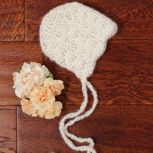 Mohair antique white baby bonnet prop for newborn photoshoot, RTS Dainty crochet baby girl bonnet, gift for a neutral-themed baby shower. image 2