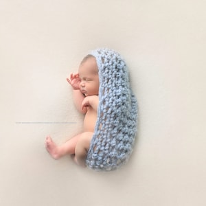 RTS dusty blue alpaca crochet baby cocoon newborn photo prop basket. Easy to use as a soft textured wrap with wrapped or unwrapped babies.