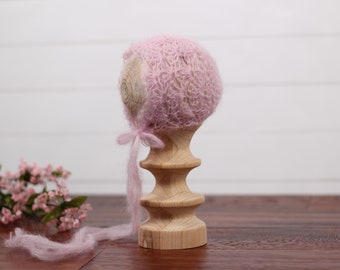 Pink mohair lace baby bonnet for newborn photography props. Ready to ship newborn bonnet for pictures or baby girl coming home outfit.