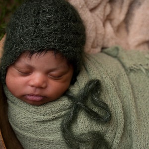 Forest green mohair newborn bonnet photo prop, boy or girl. Crochet lace baby bonnet perfect for woodland or enchanted forest baby shower. image 2