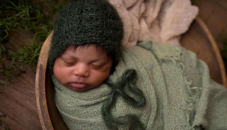 Forest green mohair newborn bonnet photo prop, boy or girl. Crochet lace baby bonnet perfect for woodland or enchanted forest baby shower. image 2