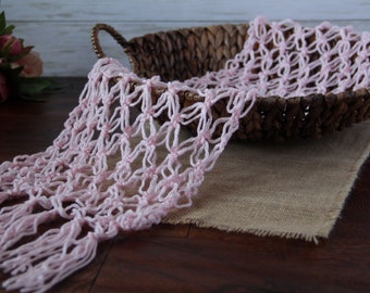 Pink boho newborn layer photography prop macrame mat for baby girl photoshoot. Flexible for use in or under posing bowls, buckets, beds.