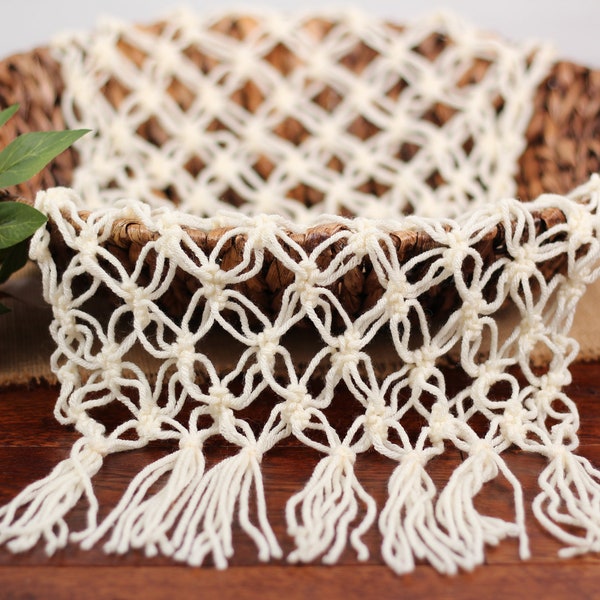 Cream boho newborn layer photography prop macrame mat for neutral theme photoshoot. Flexible for use in or under posing bowls, buckets, beds