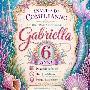 May include: A birthday invitation card featuring an underwater theme with a mermaid tail, a castle, seashells, and pearls. The text reads: INVITO DI COMPLEANNO, Gabriella, 6 ANNI, Data: [da definire], Ora: [da definire], Luogo: [da definire], and additional Italian text.