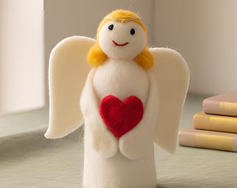 Angel Ornament | Wool Felt Figurine | Red Heart Decor | Sweet Gift for Her | Nursery, Desk