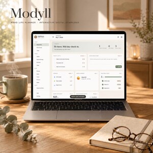 May include: A laptop displaying a digital planner interface with the text "Modyll ADHD LIFE PLANNER INTERACTIVE DIGITAL DOWNLOAD." A cup of coffee sits to the left, and a notebook with glasses rests on the right. The screen shows a mid-day check-in.