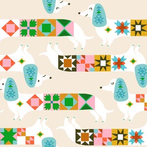 May include: A repeating pattern featuring white dachshunds with light blue ears and bodies decorated with colorful geometric quilt-style blocks in shades of green, pink, orange, and brown against a solid light beige background.