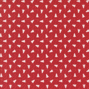 May include: Red fabric with a repeating pattern of white Christmas trees. The fabric is perfect for crafting projects like quilts, pillows, and table runners.