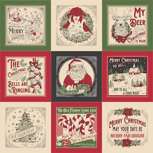 May include: A Christmas-themed fabric panel featuring nine squares with vintage illustrations. Designs include Santa Claus, reindeer, Christmas trees, candy canes, and festive text like "Merry Christmas" and "Peace, Joy, and Love."