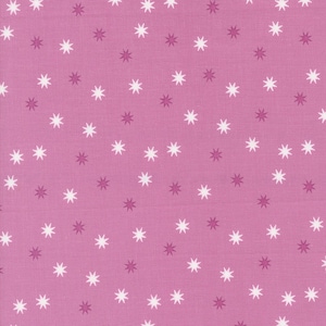 May include: A pink fabric with a repeating pattern of white and purple stars.