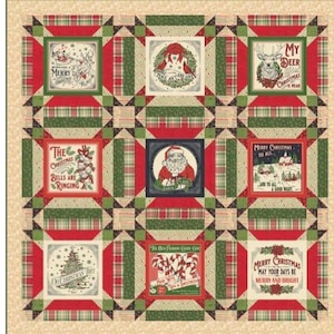 May include: A square Christmas quilt featuring nine central panels with holiday illustrations and text, surrounded by a border of red, green, and cream plaid fabric. The panels depict Santa, a deer, candy canes, and festive winter scenes.