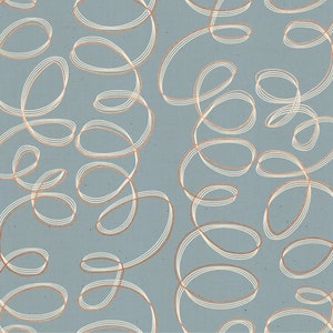 May include: A seamless pattern of white and gold swirls on a light blue background. The swirls are overlapping and create a sense of movement.