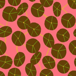 May include: A repeating pattern of brown, circular shapes with green lines radiating from a central point, set against a pink background. The design includes thin, yellow, curved lines connecting some of the brown shapes, creating an abstract, botanical theme.