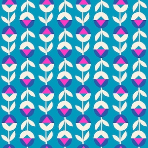 May include: A seamless pattern featuring stylized white flowers with blue and pink accents on a turquoise background.