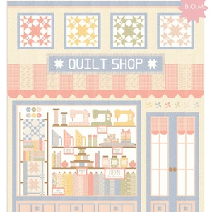 May include: A quilt featuring a storefront design with the text QUILT SHOP, B.O.M., and OPEN. The quilt displays shelves filled with sewing machines, fabric bolts, jars, and spools in soft pastel colors including pink, yellow, blue, and green.
