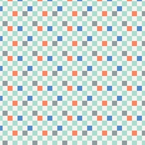 May include: A seamless pattern with a repeating checkered design. The squares are in shades of gray, blue, coral, and light green.