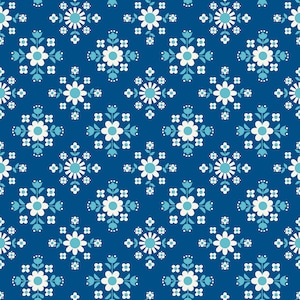 May include: A seamless pattern featuring a repeating design of white flowers with blue centers on a dark blue background.