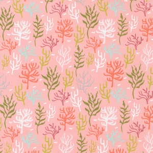 May include: A pink background with a repeating pattern of coral, seaweed, and seagrass in various shades of green, white, blue, and orange.