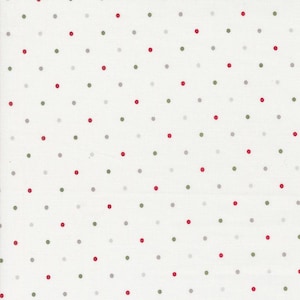 May include: White fabric with a repeating pattern of small red and gray dots.