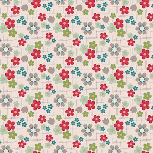 May include: A repeating floral pattern featuring red, green, blue, and gray flowers on a light pink background. The design includes small clusters of flowers and stylized tulip shapes, with a grid of thin blue lines.