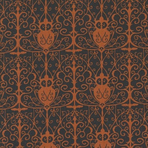 May include: A seamless pattern featuring a repeating design of intricate orange vines and swirls on a dark gray background. The pattern is reminiscent of a gothic or Victorian style.