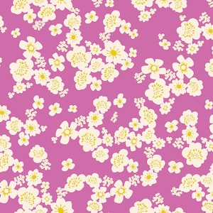 May include: A repeating pattern of white and yellow flowers with yellow centers on a bright pink background. The floral design is scattered across the surface, creating a visually appealing and lively aesthetic.
