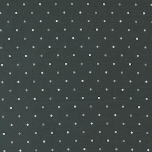 May include: A black fabric with a white polka dot pattern. The dots are evenly spaced and create a subtle, elegant design.
