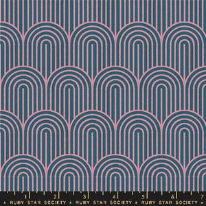 May include: A fabric with a repeating pattern of pink arches on a teal background. Vertical lines fill the space above the arches. The text "RUBY STAR SOCIETY" is at the bottom of the image.