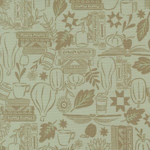 May include: A light sage green fabric featuring a repeating pattern of brown line art illustrations. The design includes stacks of books, various gourds and pumpkins, coffee mugs, open books, star shapes, and assorted autumn leaves.