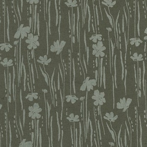 May include: A seamless fabric pattern featuring a repeating design of stylized flowers in a light gray color on a dark green background. The flowers are arranged vertically and are interspersed with thin, vertical lines.