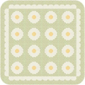 May include: A square quilt with a repeating daisy pattern. The daisies are white with yellow centers, set against a light green background with a small floral print. The quilt has a scalloped border in a cream color.