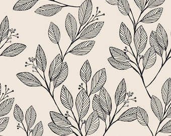 May include: A seamless pattern featuring black and white line drawings of leaves and branches on a cream background.