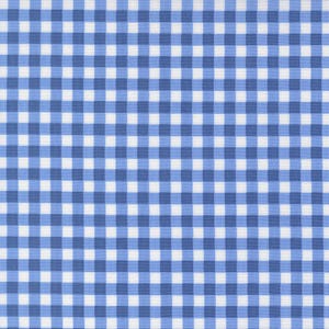 May include: A close-up of a blue and white gingham pattern. The pattern consists of evenly spaced squares in light and dark blue, alternating with white squares. The fabric has a smooth texture and a classic, timeless design.
