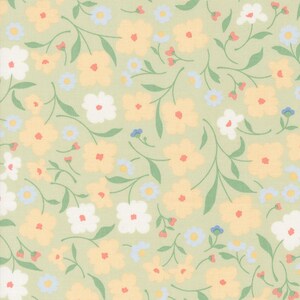 May include: A light green floral pattern featuring yellow, white, and blue flowers with red centers and green stems. The design is a repeating pattern of various sized flowers and leaves.