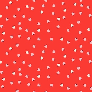 May include: A seamless pattern of white strawberries on a red background. The strawberries are scattered randomly across the surface.