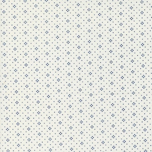 May include: A white fabric with a repeating pattern of small blue squares. The squares are evenly spaced and create a subtle, geometric design.