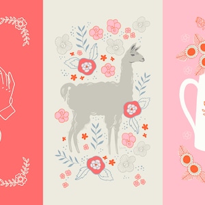 May include: Three illustrations on a pink, cream, and red background. The first illustration is a pair of hands holding a ball of yarn and a heart shape made from yarn. The second illustration is a llama standing in a field of flowers. The third illustration is a white teapot with a bird and banner design, surrounded by orange flowers.