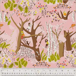 May include: A whimsical fabric design featuring a pink forest scene with stylized trees, children, cats, and flowers. The illustration includes brown tree trunks, white birch trees, and children in yellow, orange, and white clothing. A ruler is at the bottom.