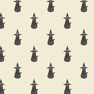 May include: A seamless pattern featuring black cats wearing witch hats on a light beige background.