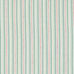 May include: A fabric with a striped pattern in shades of blue and red. The stripes are thin and evenly spaced.