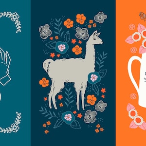 May include: Three illustrations on a teal, navy blue, and orange background. The first illustration shows two hands holding a ball of yarn and a heart shape made from the yarn. The second illustration shows a white llama standing in a field of orange and blue flowers. The third illustration shows a white teapot with a pink bird design on a background of orange and blue flowers.