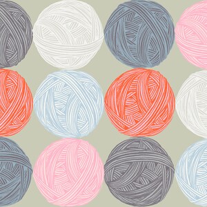 May include: Twelve balls of yarn in various colors, including white, pink, orange, blue, and gray. The balls of yarn are arranged in a grid pattern.