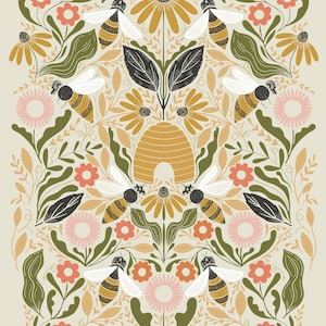 May include: A symmetrical illustration of a beehive surrounded by bees, flowers, and leaves. The beehive is yellow and brown, the bees are black and yellow, the flowers are yellow, pink, and orange, and the leaves are green.