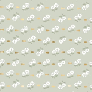 May include: A seamless pattern featuring white stylized flowers with gold diamond shapes on a light green background.