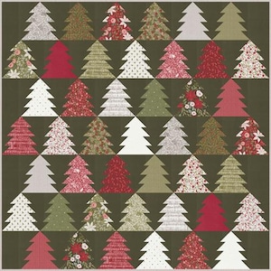 May include: A quilt with a pattern of green, red, white, and gray Christmas trees on a dark green background.