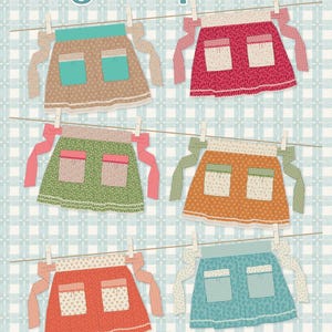 May include: A collection of six colorful aprons, each with two pockets, hanging on a clothesline. The aprons feature various patterns and colors, including brown, red, green, orange, and blue. The text "One Yard Apron" is displayed at the top.