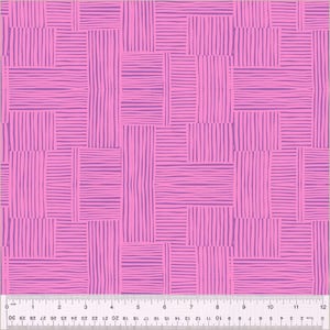 May include: A pink and purple geometric pattern with a woven or basket weave design. The pattern is made up of horizontal and vertical lines.