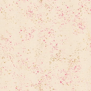 May include: Cream-colored fabric with a speckled pattern of pink and gold paint splatters. The splatters vary in size and density, creating a textured, artistic design. This fabric is suitable for various craft and sewing projects.